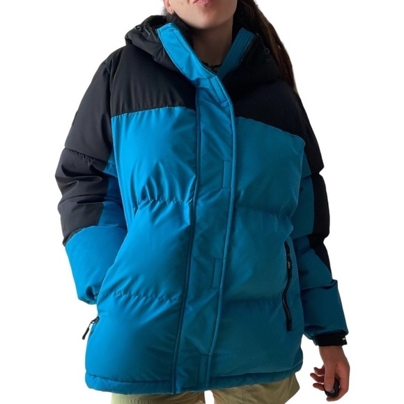 Zara DNWR Hooded Blue/Black Colorblock Winter Snow Puffer Coat Jacket Men’s L - Picture 1 of 11